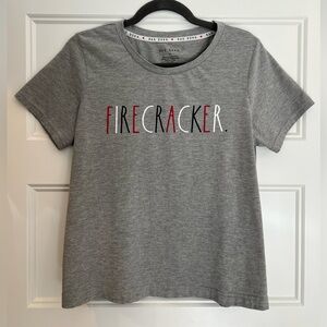 Rae Dunn Firecracker Shirt 4th of July Size Medium Gray Red White and Blue